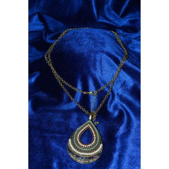 Premier Designs Large Tear Drop Beads Bronze Green Necklace Pendant - Picture 1 of 8